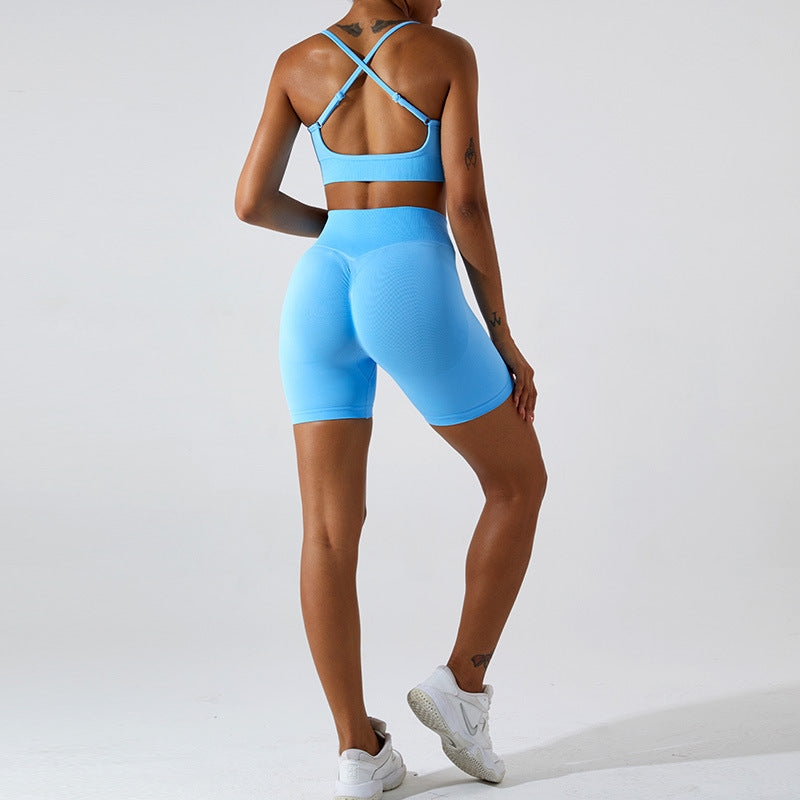 2023.09 Seamless high-waisted peach hip lift yoga shorts women's cross back sports underwear fitness wear set
