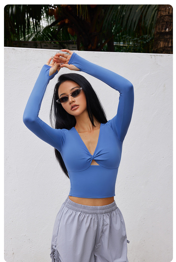 2023.08 Butterfly Knot Pilates Fitness Long Sleeve Women Elastic Tight Comfortable Sports Top With Chest Pad Yoga Clothes