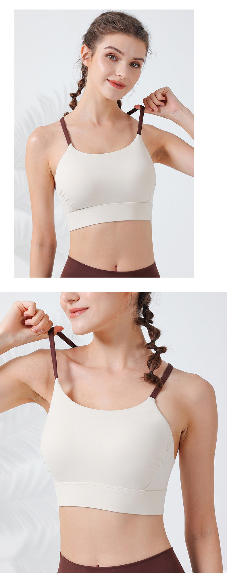 2023.08 The new cross thin shoulder straps contrasting color beautiful back sports bra detachable integrated cup fold design chest bar