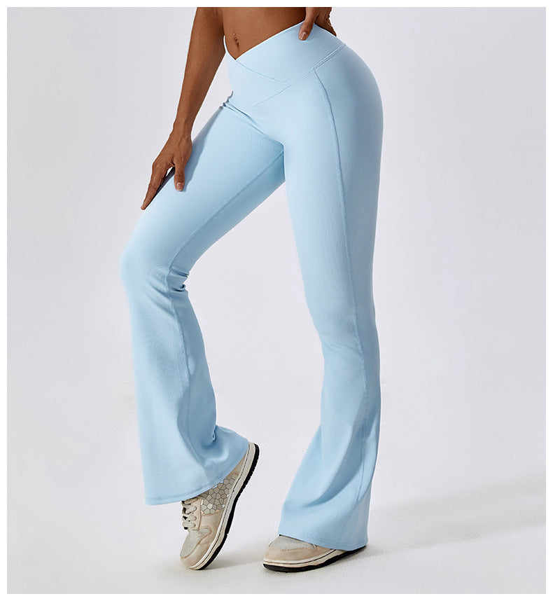 2023.09 ribbed cross high waist yoga bell-bottom pants female dance sports wide-leg pants casual hip-lifting fitness micro-bell-bottom pants 8333