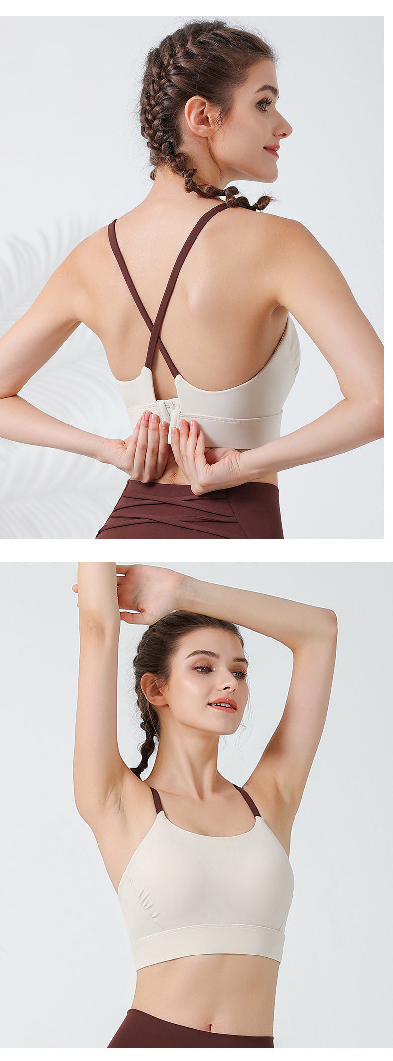 2023.08 The new cross thin shoulder straps contrasting color beautiful back sports bra detachable integrated cup fold design chest bar