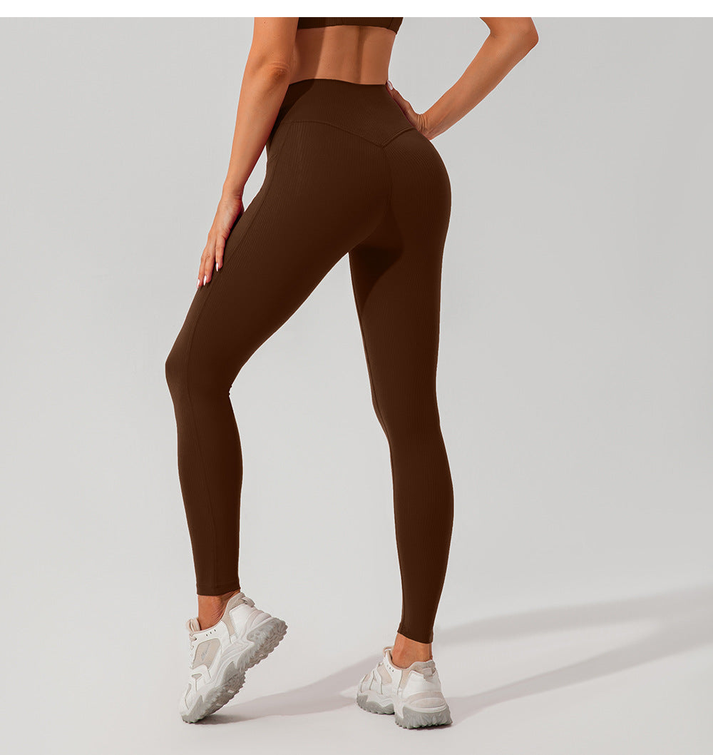 2023.08 autumn ribbed thread high-waist hip-lifting yoga pants pocket belly tight sports pants running quick-drying fitness pants women