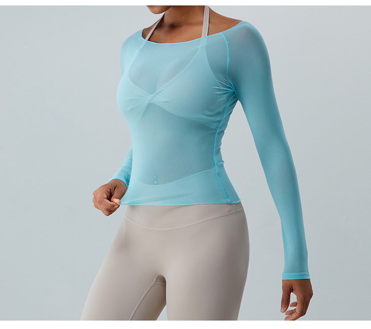 2023.08 autumn new yoga blouse women breathable mesh gauze long sleeve yoga jacket T-shirt quick drying sports fitness clothing