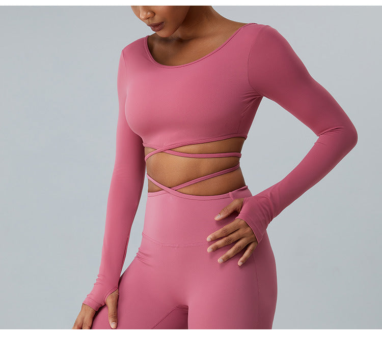 2023.08 Autumn and winter new long sleeve yoga clothes women cross strap abdominal yoga vest big backless sexy running fitness clothes