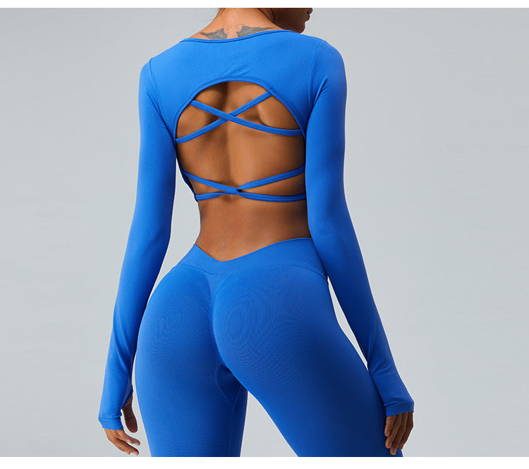 2023.09 Autumn yoga clothing long sleeve female fixed cup sexy cross back sports fitness clothing top