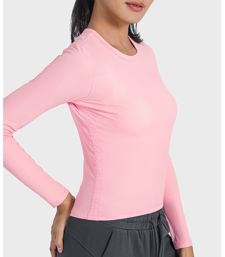 2023.09 Yoga dress vertical ribbed 2.0 high elastic shape sports long sleeve T-shirt waist slimming round neck bottom yoga top