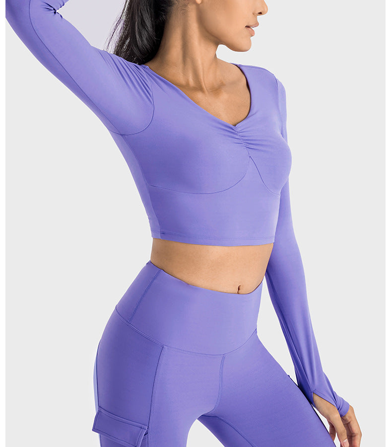 2023.09 Creora Hyosung sexy pleated V-neck sports long sleeve T-shirt women with breast pads skin-friendly high elastic tight yoga wear