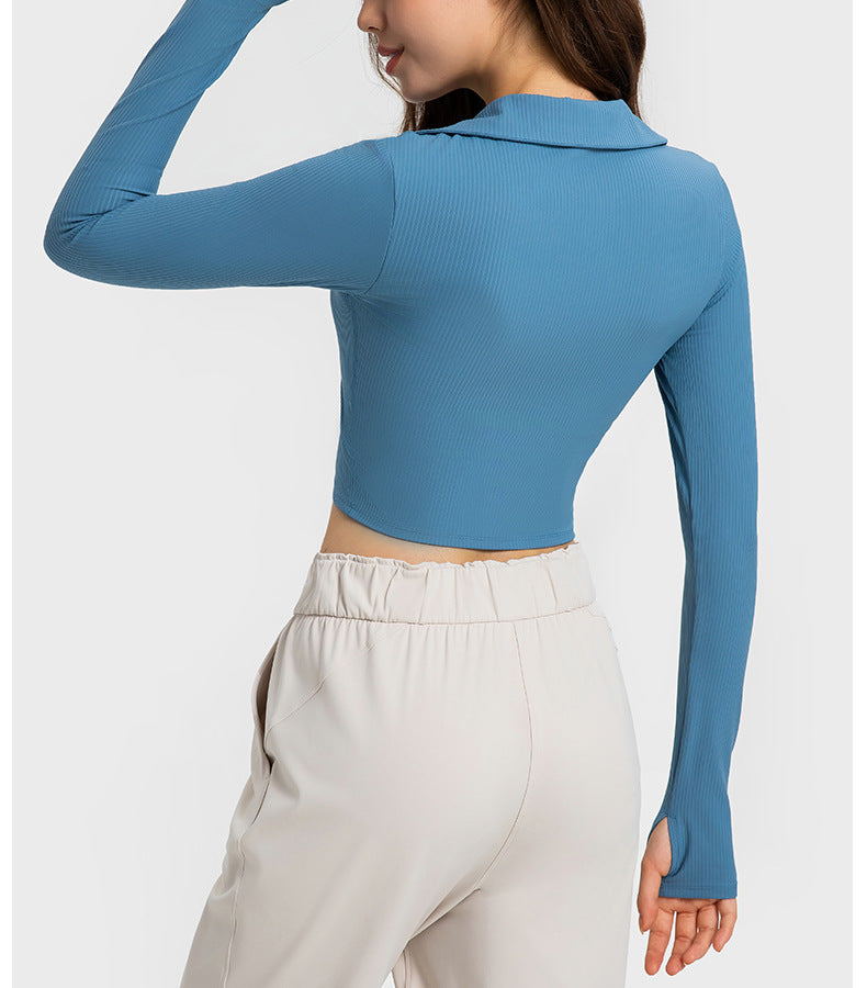 2023.09 Vertical rib 2.0 midriff sports long sleeve with chest pad soft skin high elastic shape yoga wear