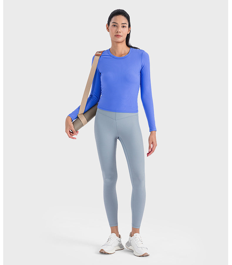 2023.09 Yoga dress vertical ribbed 2.0 high elastic shape sports long sleeve T-shirt waist slimming round neck bottom yoga top