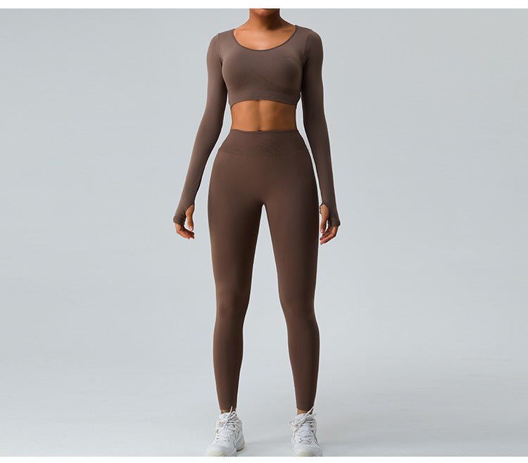 2023.09 yoga sets Autumn and winter new long sleeve yoga suit for women seamless sexy cross back peach hip lift yoga pants