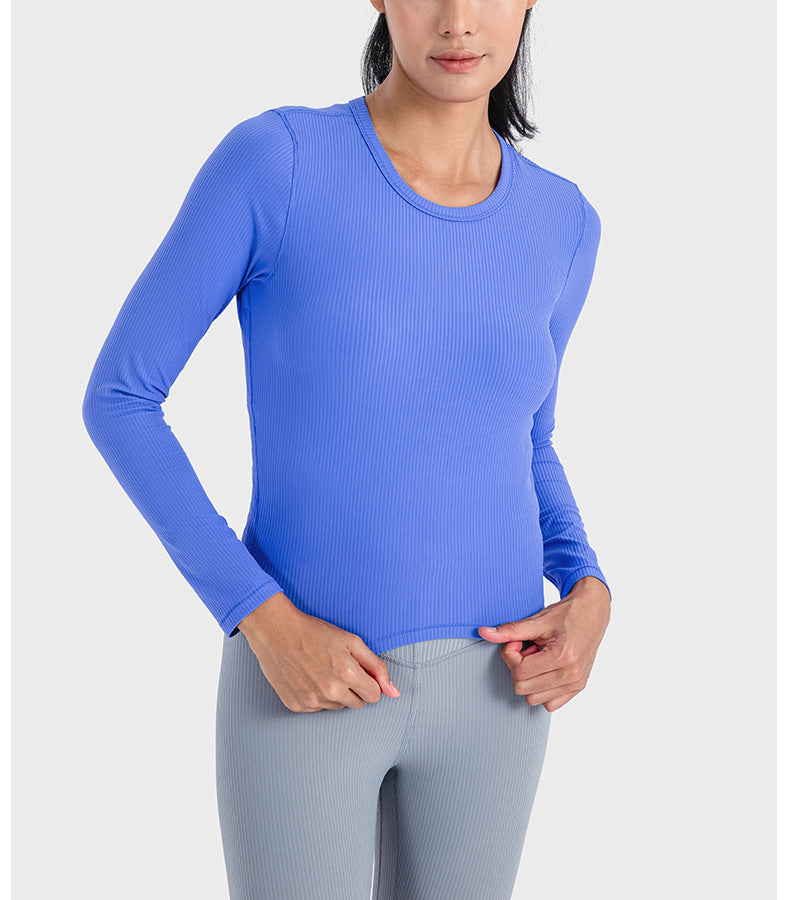 2023.09 Yoga dress vertical ribbed 2.0 high elastic shape sports long sleeve T-shirt waist slimming round neck bottom yoga top