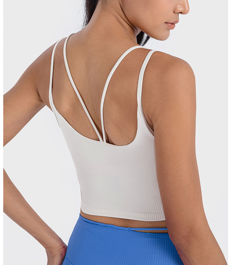 2023.09 New vertical ribbed 2.0 with chest cushion yoga vest sexy thin belt beauty back high elastic tight sports sling female