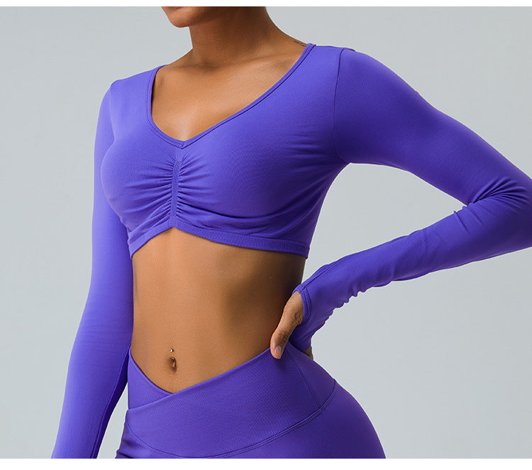 2023.09 Yoga clothes long sleeve set women feel folded yoga top cross belly peach pants fitness clothes