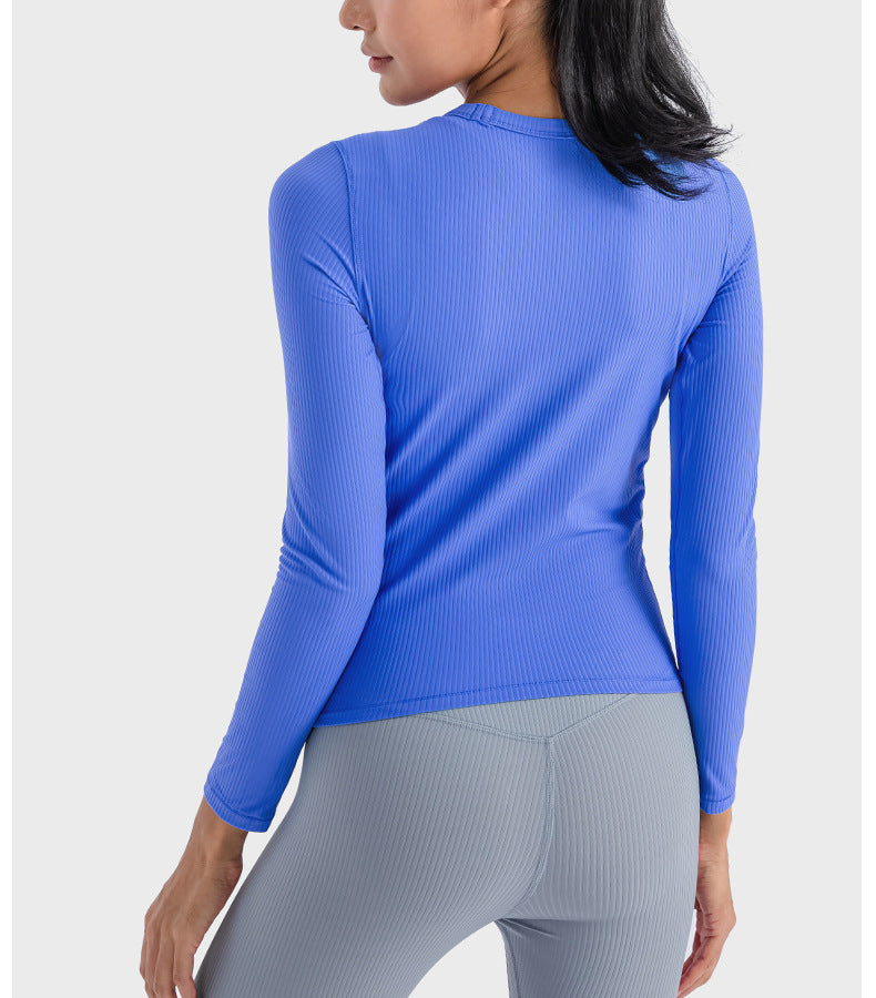 2023.09 Yoga dress vertical ribbed 2.0 high elastic shape sports long sleeve T-shirt waist slimming round neck bottom yoga top