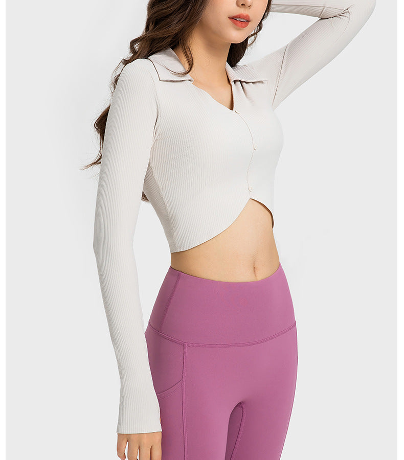 2023.09 Vertical rib 2.0 midriff sports long sleeve with chest pad soft skin high elastic shape yoga wear