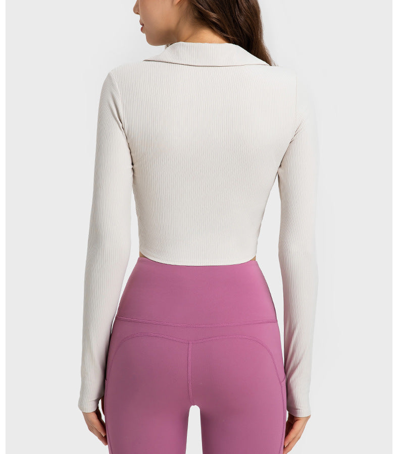 2023.09 Vertical rib 2.0 midriff sports long sleeve with chest pad soft skin high elastic shape yoga wear