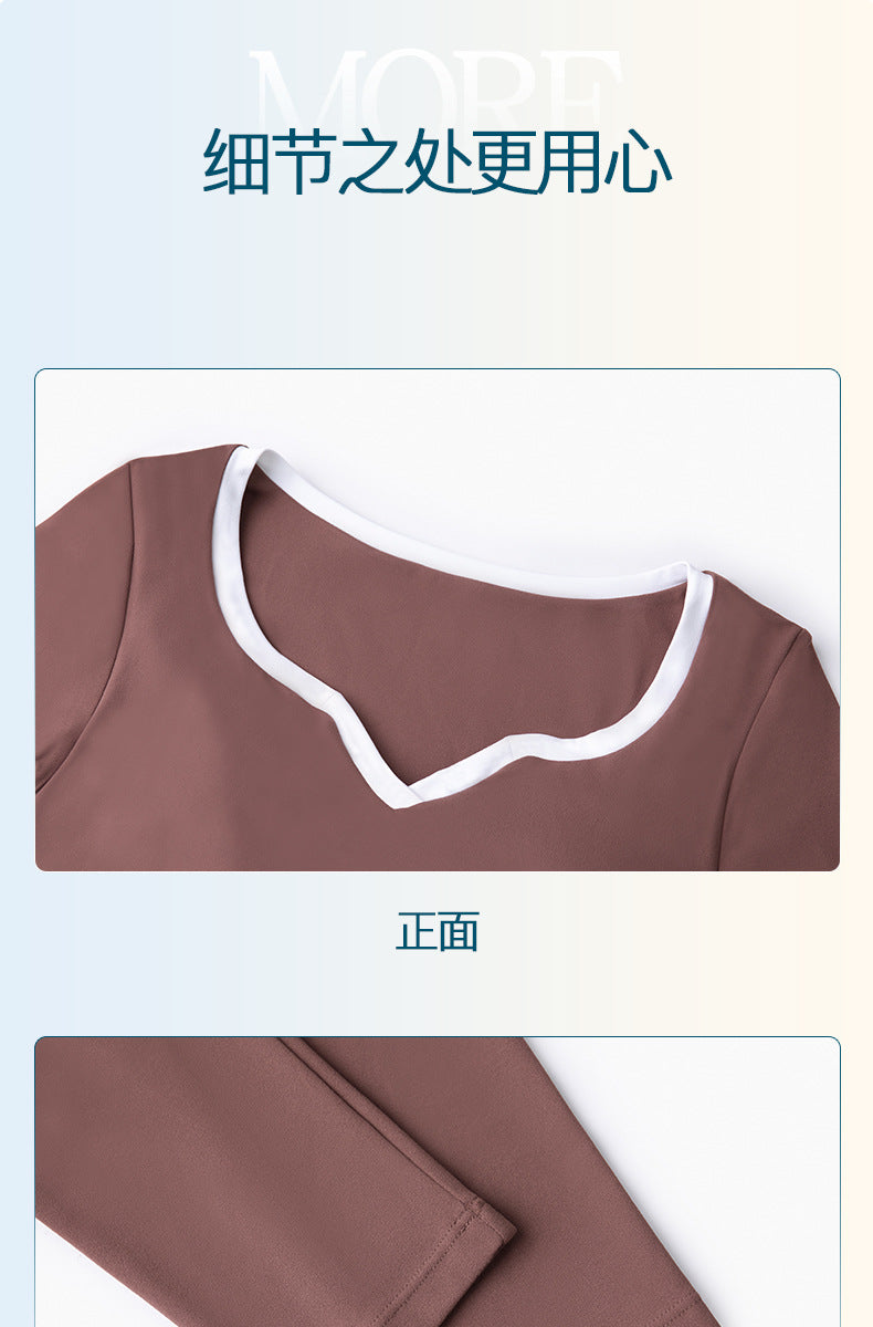 2023.08 NUF contrast color neckline yoga long-sleeved detachable chest pad waist slimming sports top women's breathable perspiration T-shirt