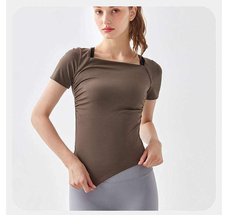 2023.08 Summer waist slimming square collar yoga clothing top women's irregular hem slim fitness elastic thin section sports short sleeves