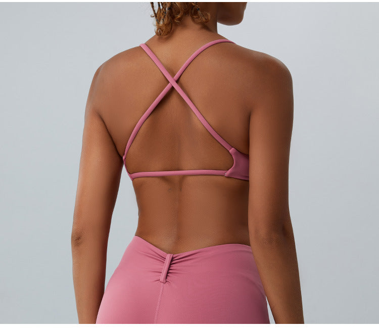 2023.08 Square collar lulu yoga vest women's thin belt cross back sports underwear running fitness wear top