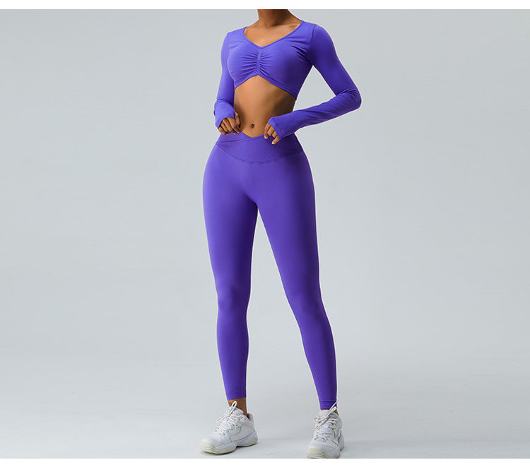 2023.09 Yoga clothes long sleeve set women feel folded yoga top cross belly peach pants fitness clothes