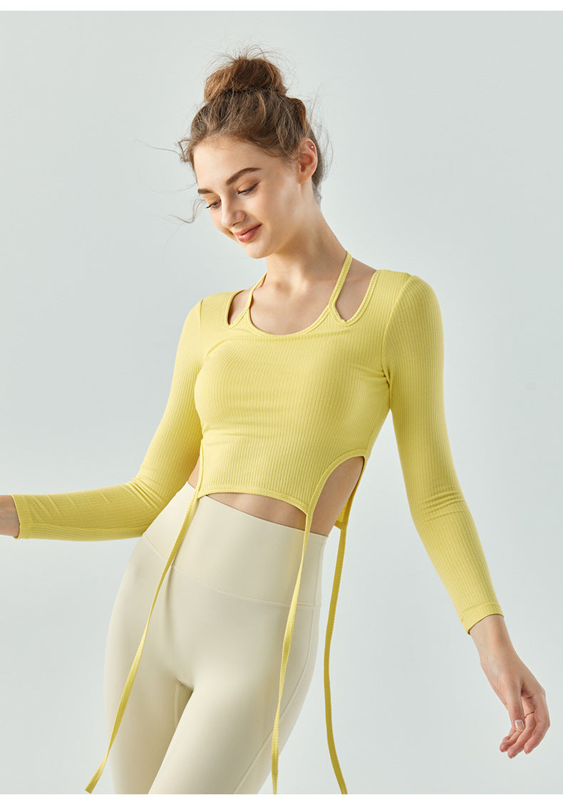 2023.08 Autumn and winter thin ribbed belt hanging neck fitness top women's semi-fixed water drop cup side waist hollow out slim slim yoga clothing long sleeves