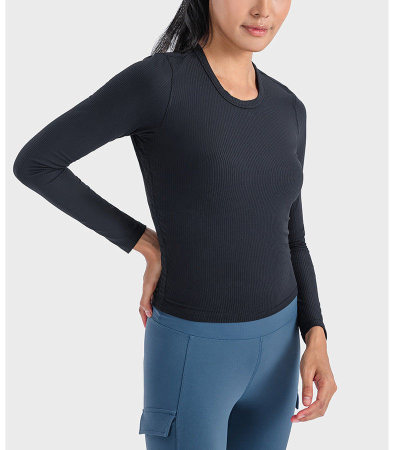 2023.09 Yoga dress vertical ribbed 2.0 high elastic shape sports long sleeve T-shirt waist slimming round neck bottom yoga top