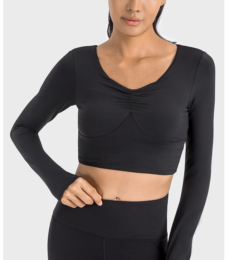 2023.09 Creora Hyosung sexy pleated V-neck sports long sleeve T-shirt women with breast pads skin-friendly high elastic tight yoga wear