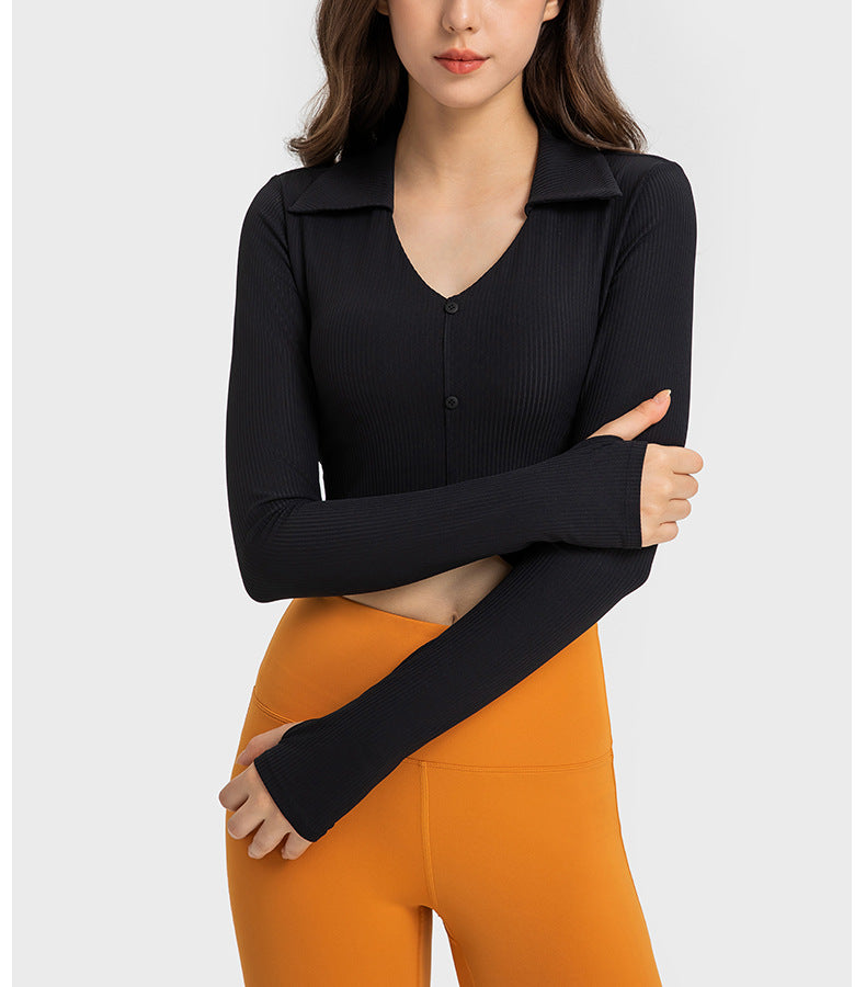 2023.09 Vertical rib 2.0 midriff sports long sleeve with chest pad soft skin high elastic shape yoga wear