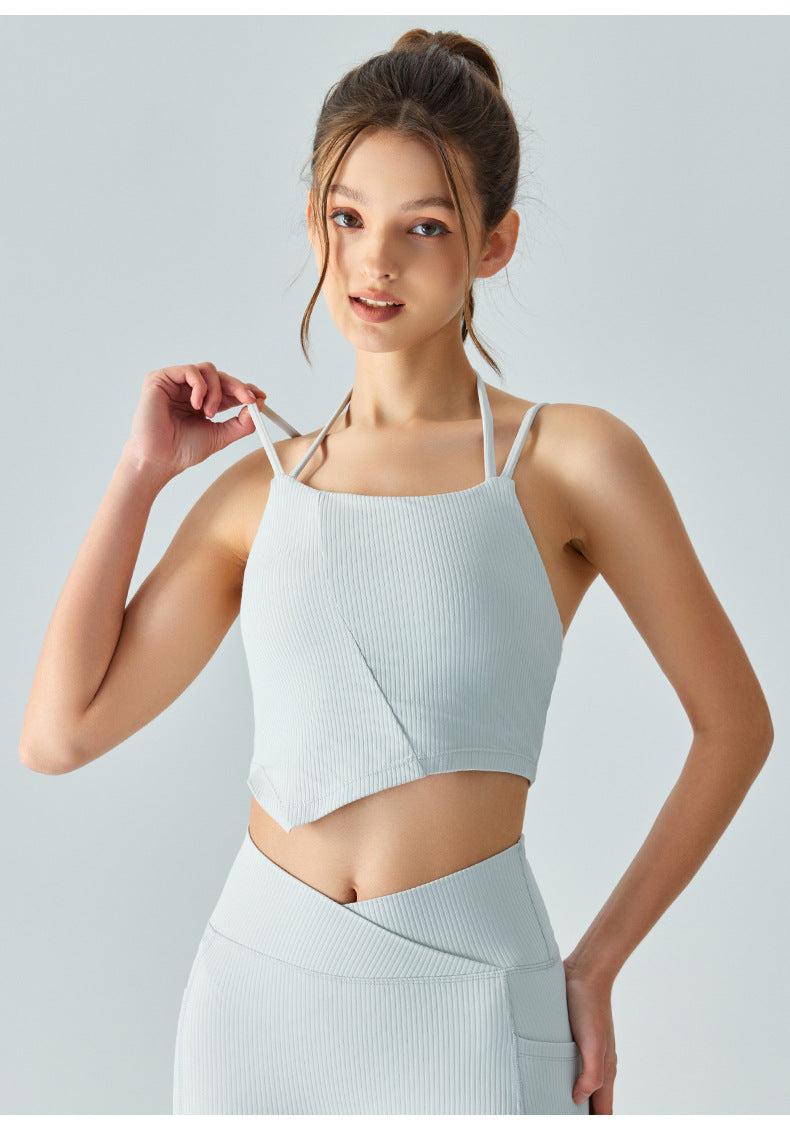 New ribbed double shoulder straps sports bra women's back sloping shoulder straps yoga top with chest pad quick-drying fitness vest