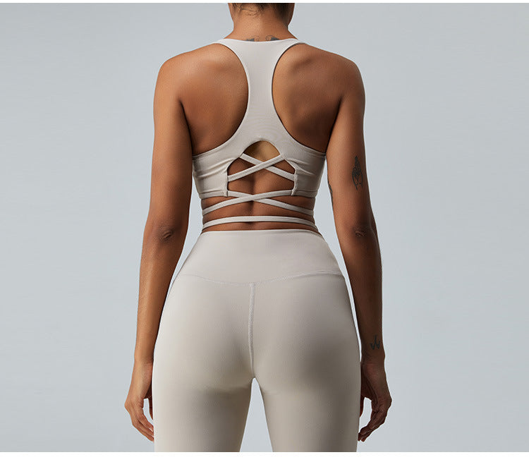2023.09 Yoga suit women's thin belt cross trumpet yoga pants H shape back sports fitness wear top