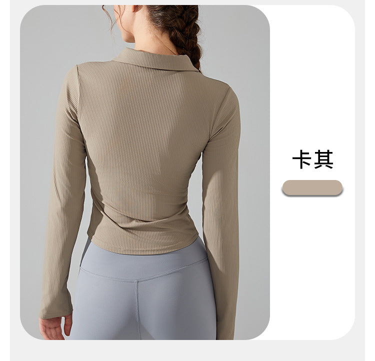 23.08 Autumn and winter lapel slim pocket long-sleeved yoga clothing front zipper sports jacket slim running fitness clothing top women