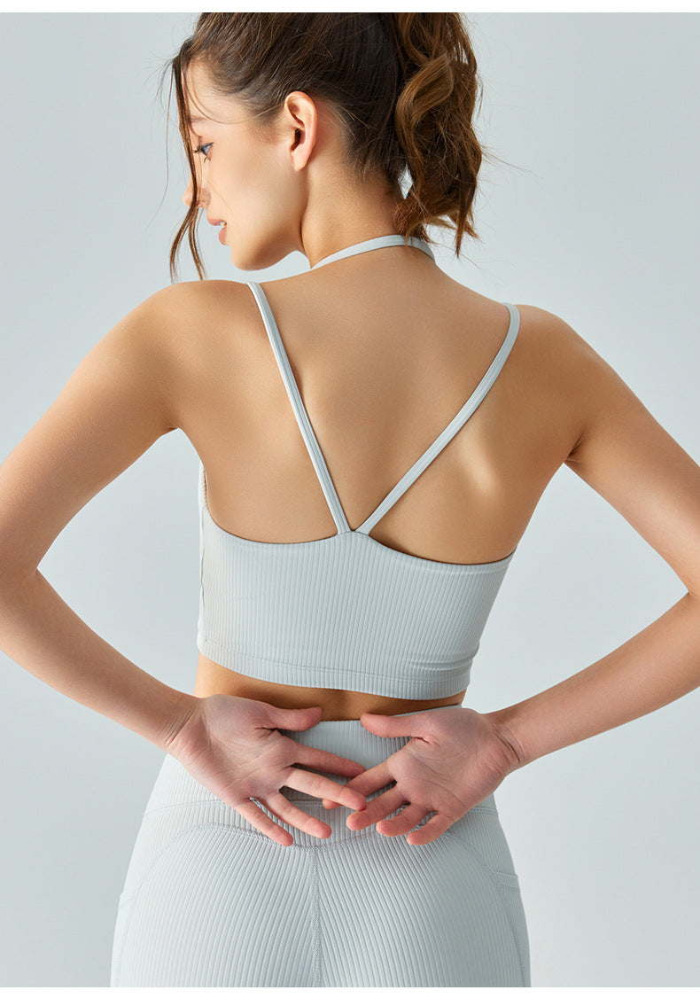 New ribbed double shoulder straps sports bra women's back sloping shoulder straps yoga top with chest pad quick-drying fitness vest