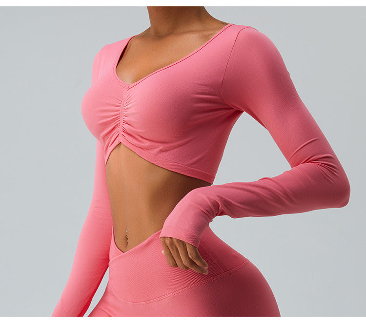 2023.09 Autumn and winter seamless yoga clothing top women slimming short long sleeve T-shirt quick drying sports fitness clothing