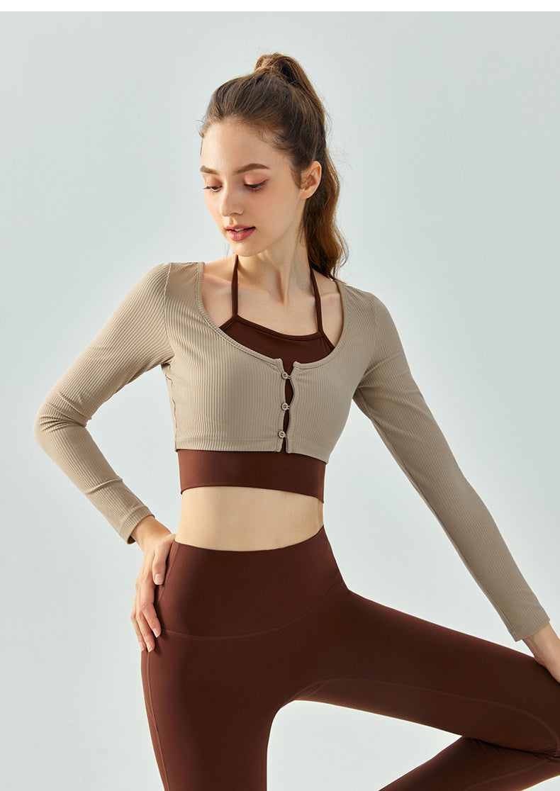 08/2024 update new Color-blocking hanging neck fake two-piece yoga clothing long-sleeved 23.07 women's semi-fixed cup chest button autumn and winter sports fitness clothing top