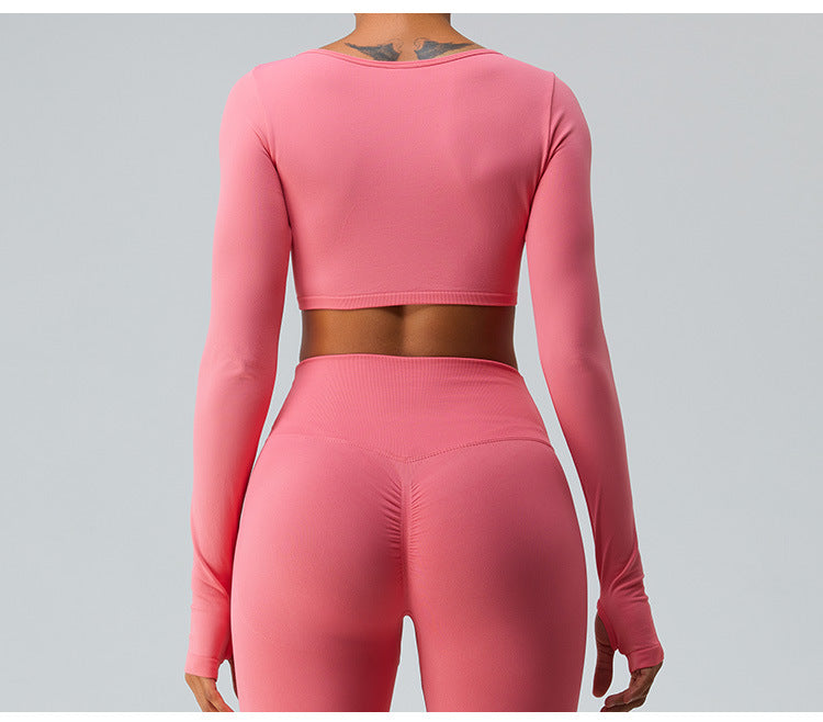 2023.09 Autumn and winter seamless yoga clothing top women slimming short long sleeve T-shirt quick drying sports fitness clothing