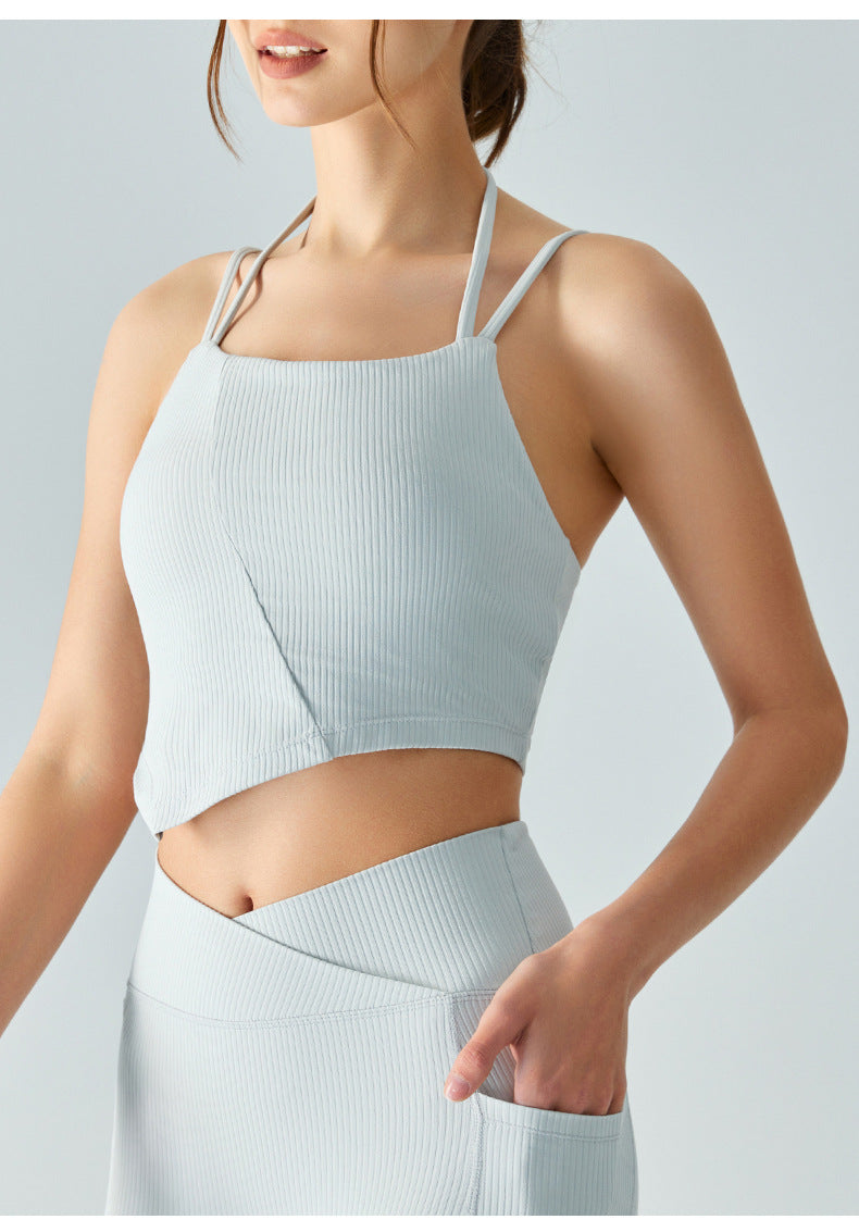 New ribbed double shoulder straps sports bra women's back sloping shoulder straps yoga top with chest pad quick-drying fitness vest