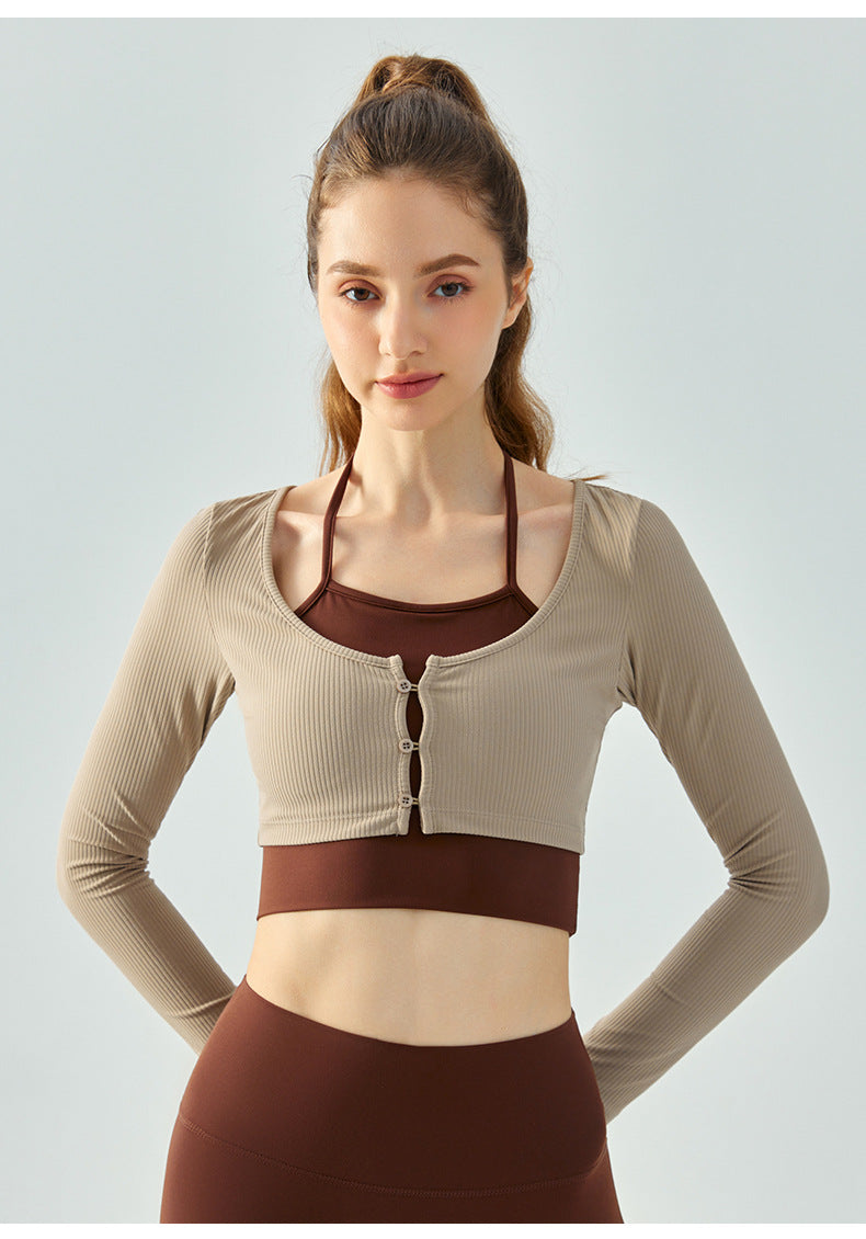 08/2024 update new Color-blocking hanging neck fake two-piece yoga clothing long-sleeved 23.07 women's semi-fixed cup chest button autumn and winter sports fitness clothing top