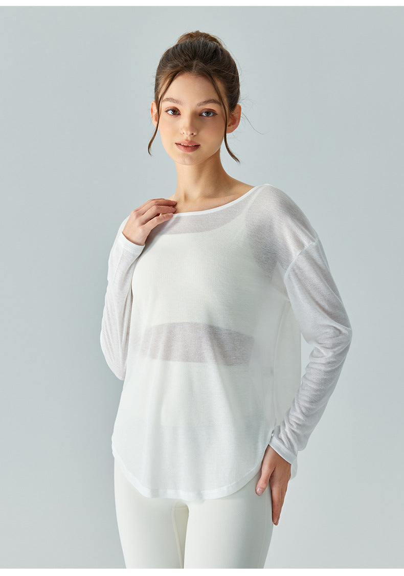 Yoga clothing blouse long-sleeved loose mesh ultra-thin quick-drying fitness top blouse solid color