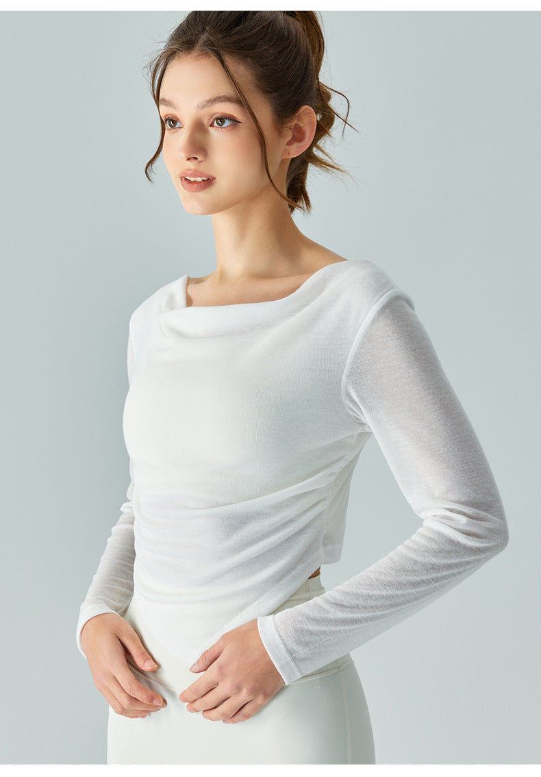 Swing collar slim fit yoga long-sleeved blouse breathable lightweight quick-drying top mesh hollow fitness blouse