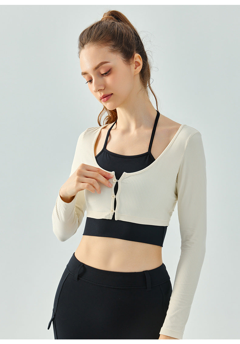 08/2024 update new Color-blocking hanging neck fake two-piece yoga clothing long-sleeved 23.07 women's semi-fixed cup chest button autumn and winter sports fitness clothing top