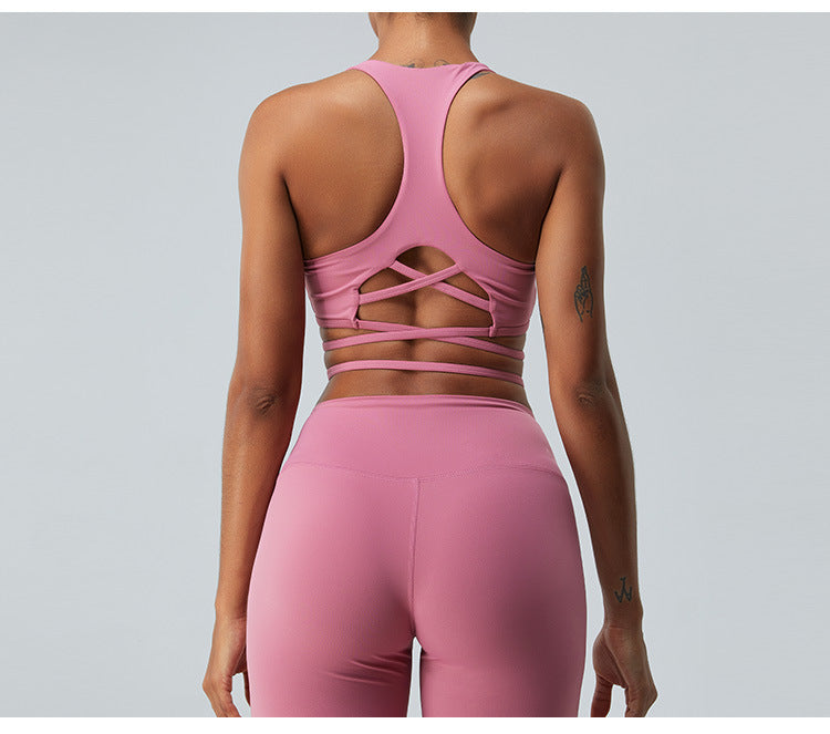 2023.09 Yoga suit women's thin belt cross trumpet yoga pants H shape back sports fitness wear top