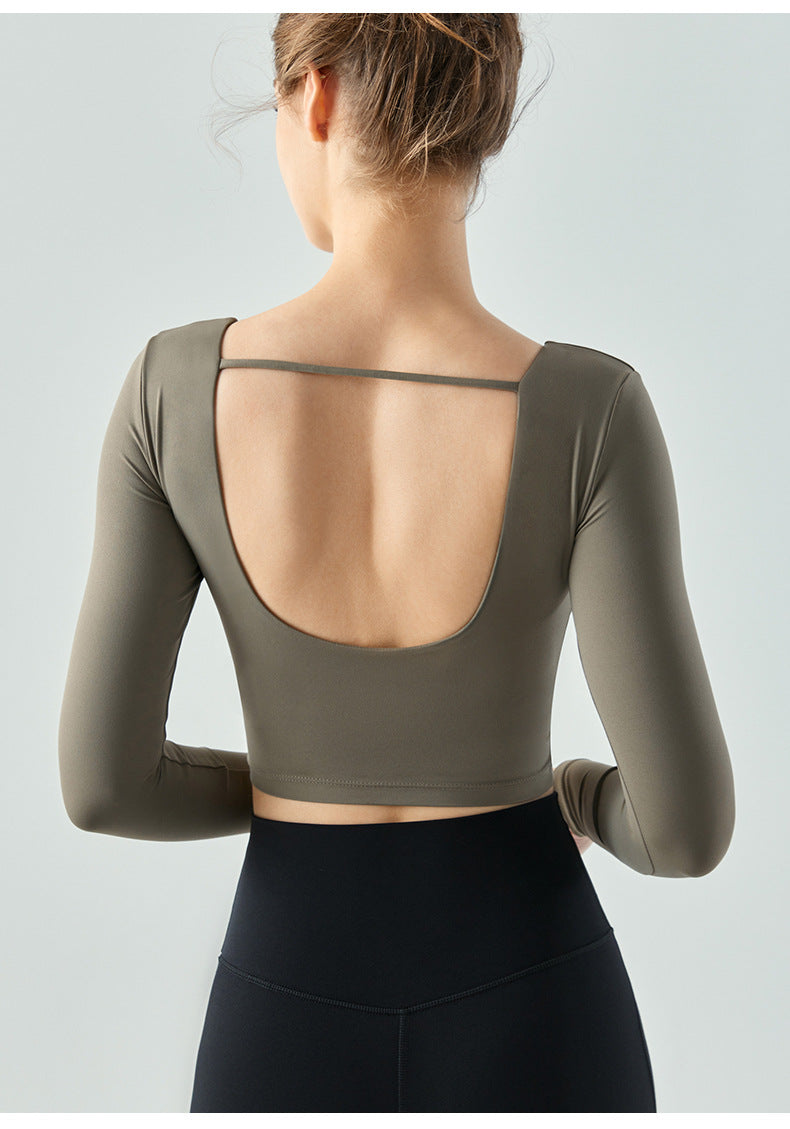 2023.09 Autumn and winter U-shaped backless yoga wear long-sleeved semi-fixed drop cup short sports t-shirt breathable quick-drying fitness top