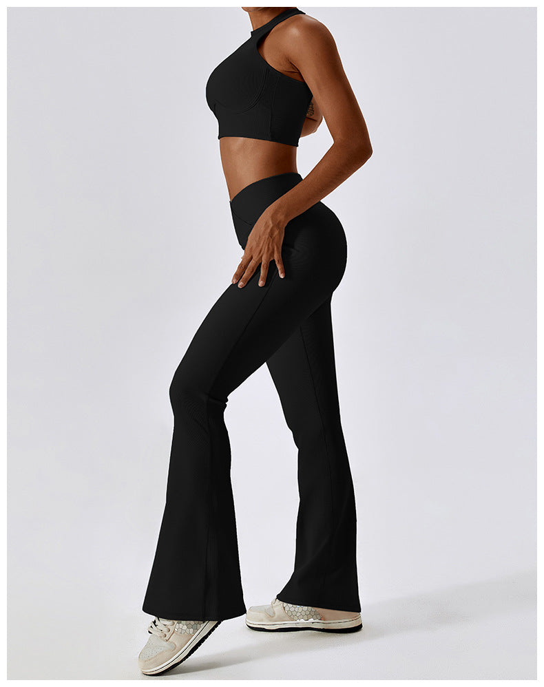 2023.09 ribbed cross high waist yoga bell-bottom pants female dance sports wide-leg pants casual hip-lifting fitness micro-bell-bottom pants 8333