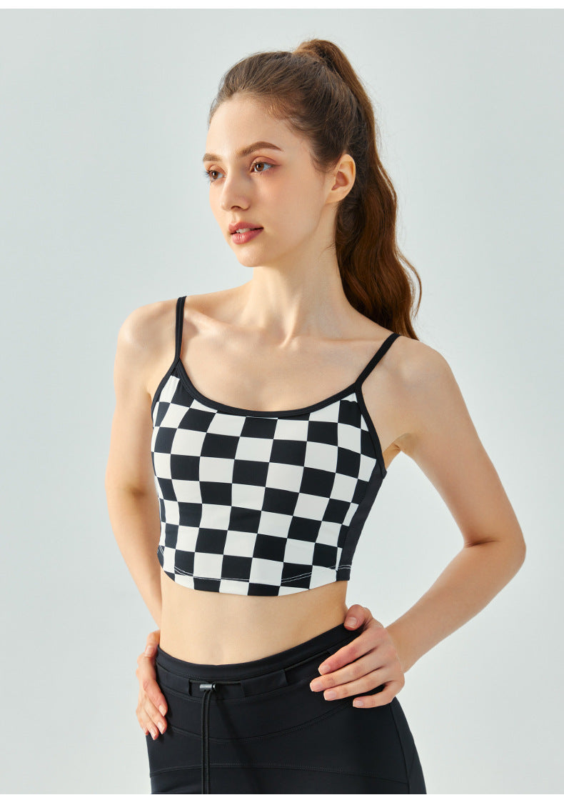 Checkerboard spaghetti strap yoga bra women's detachable chest pad nude running quick-drying fitness top sports bra