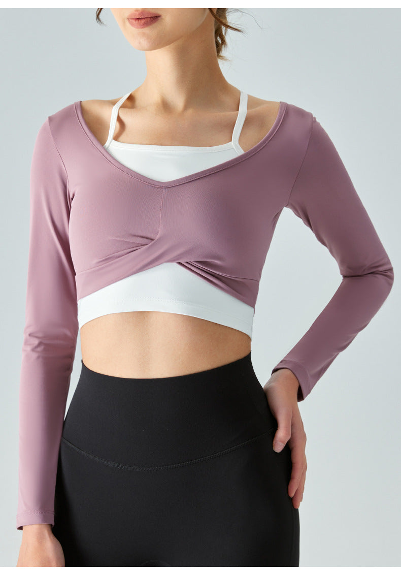 2023 New hanging neck fake two-piece yoga long-sleeved semi-fixed cup front chest cross pleated slim yoga top fitness clothes