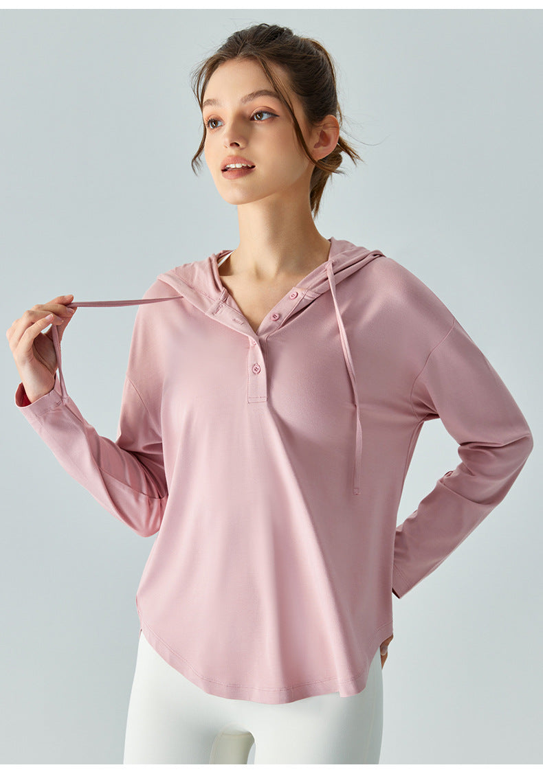 23.07 Loose drawstring yoga blouse women's long-sleeved hooded sports t-shirt lightweight micro-permeable quick-drying fitness clothing top