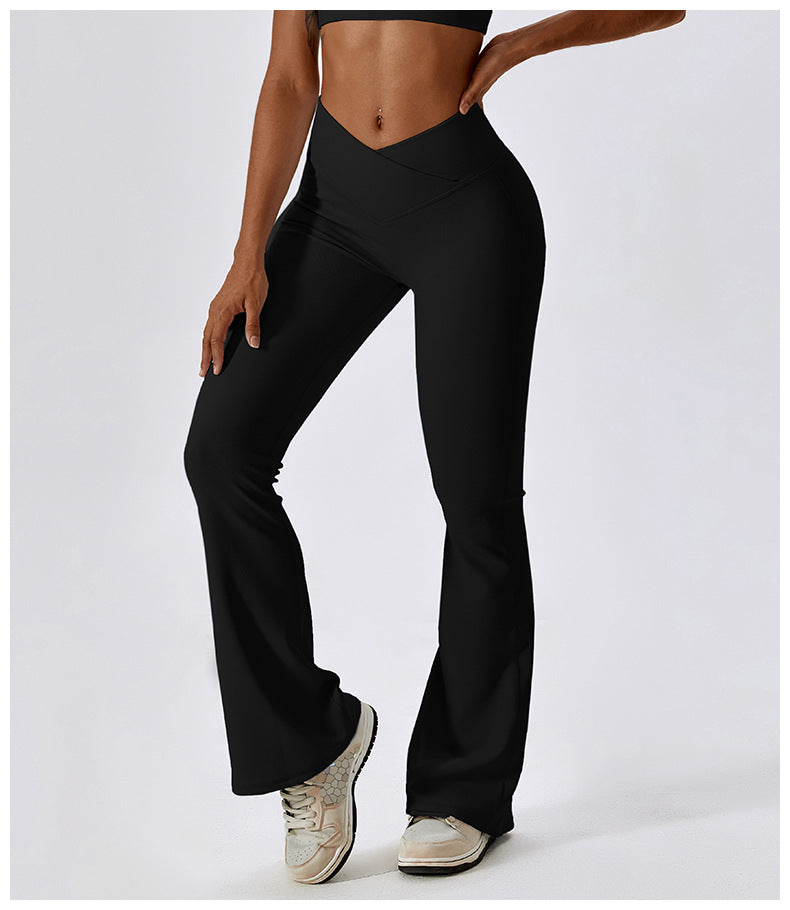 2023.09 ribbed cross high waist yoga bell-bottom pants female dance sports wide-leg pants casual hip-lifting fitness micro-bell-bottom pants 8333