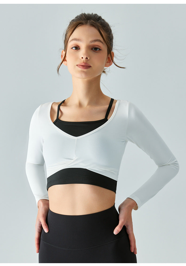 2023 New hanging neck fake two-piece yoga long-sleeved semi-fixed cup front chest cross pleated slim yoga top fitness clothes