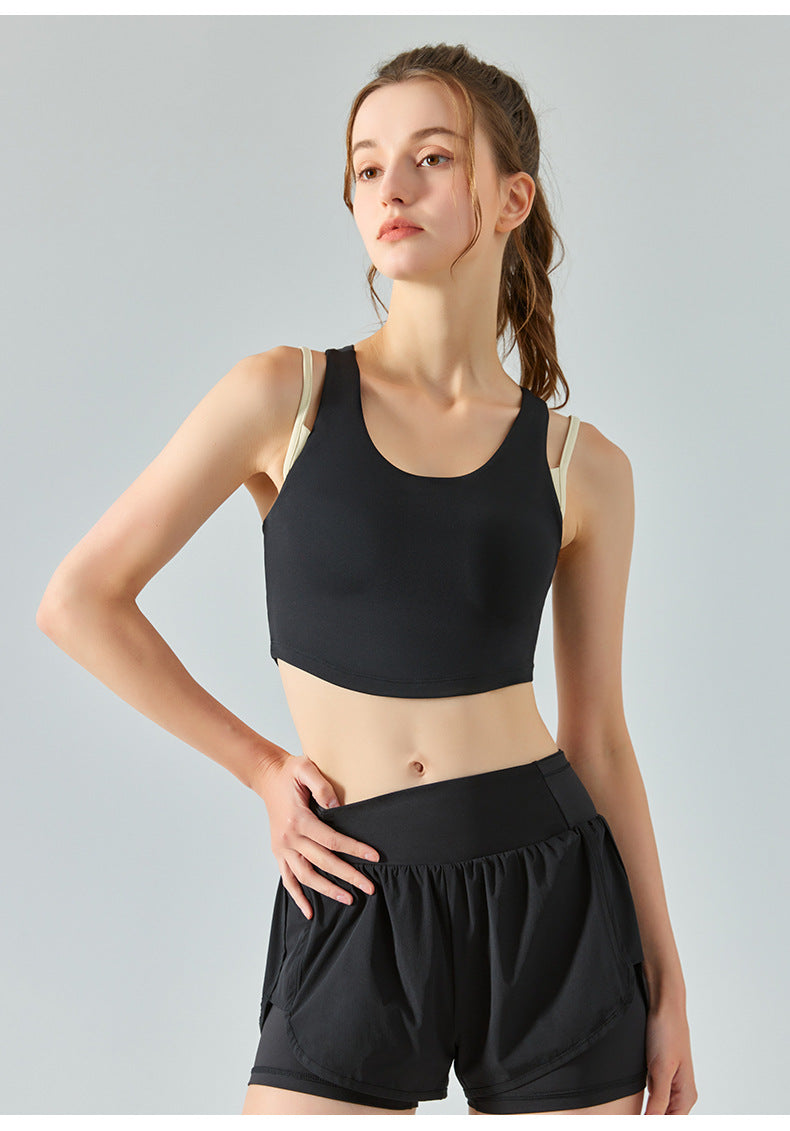 Fake Two-piece Yoga Vest Naked Contrasting Color Double Shoulder Straps Semi-Fixed One Cup Tight Sports Underwear