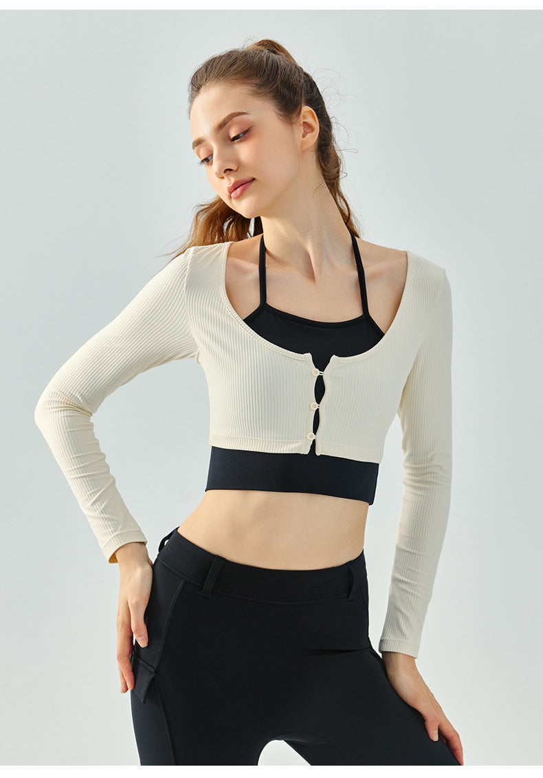 08/2024 update new Color-blocking hanging neck fake two-piece yoga clothing long-sleeved 23.07 women's semi-fixed cup chest button autumn and winter sports fitness clothing top